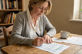 Femme remplissant un formulaire APL bailleur à la table de sa cuisine avec des documents administratifs