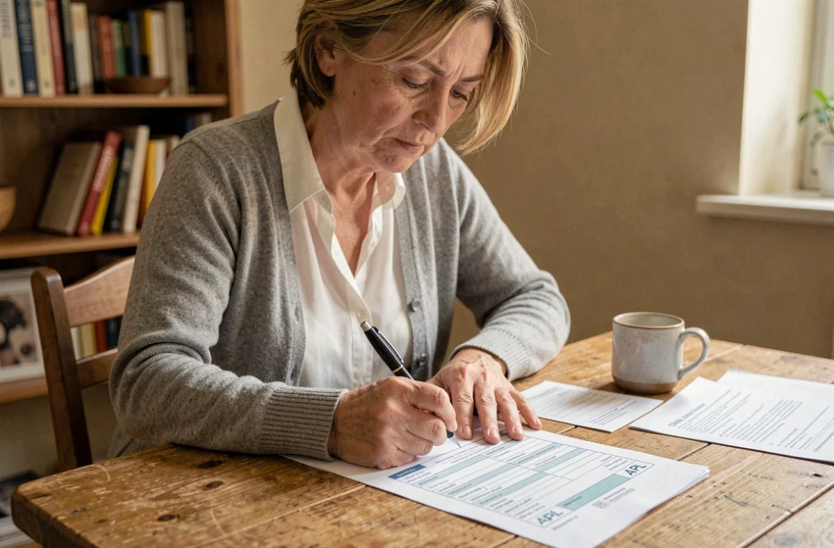 Femme remplissant un formulaire APL bailleur à la table de sa cuisine avec des documents administratifs