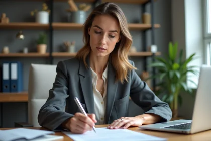 Femme professionnelle examine un contrat de location dans un bureau moderne