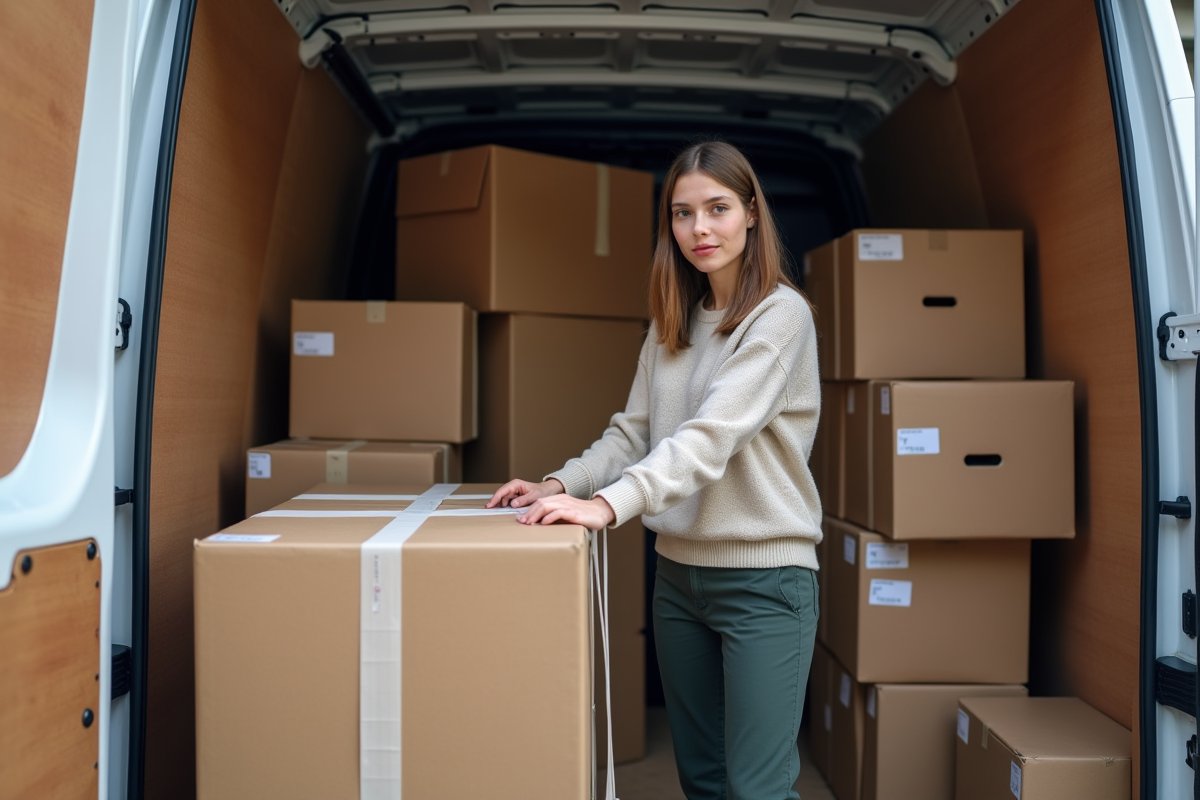 Jeune femme attachant des meubles dans un van intérieur
