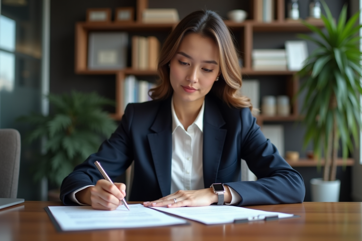 Femme d affaires signant un contrat dans un bureau moderne