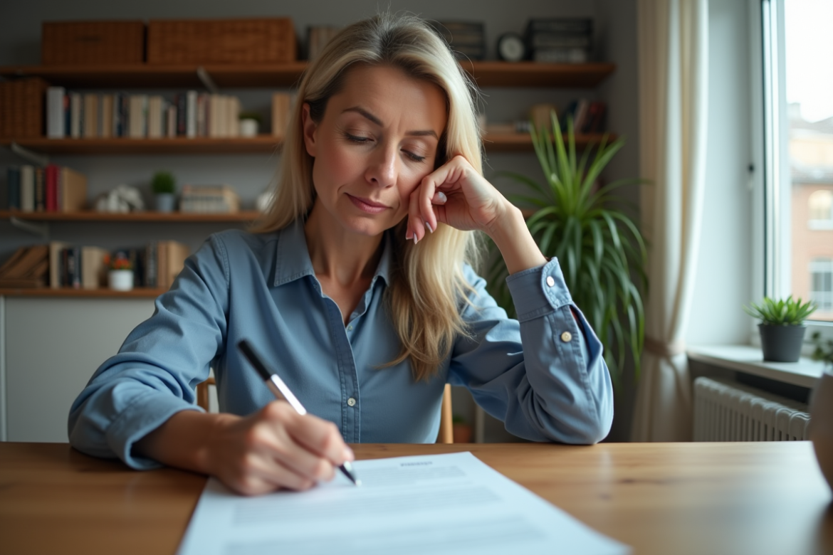 Femme d'âge moyen signant un contrat de licenciement dans son appartement