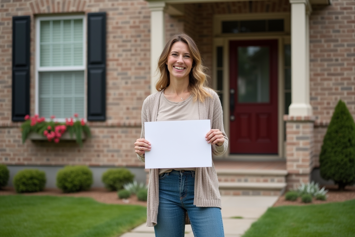 Femme souriante devant sa maison avec panneau a vendre