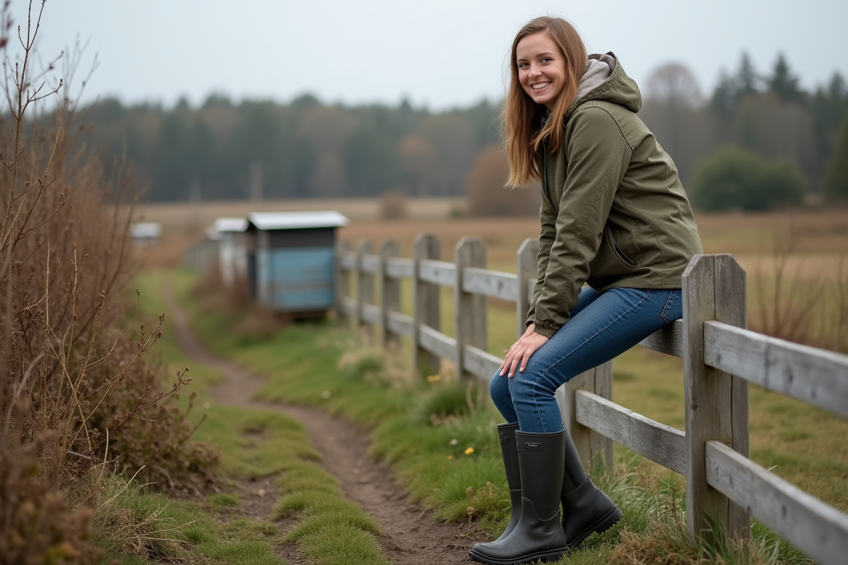 Jeune femme surveillant des ruches dans un pré naturel