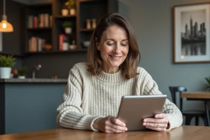 Femme d'âge moyen regardant une tablette dans un appartement cosy