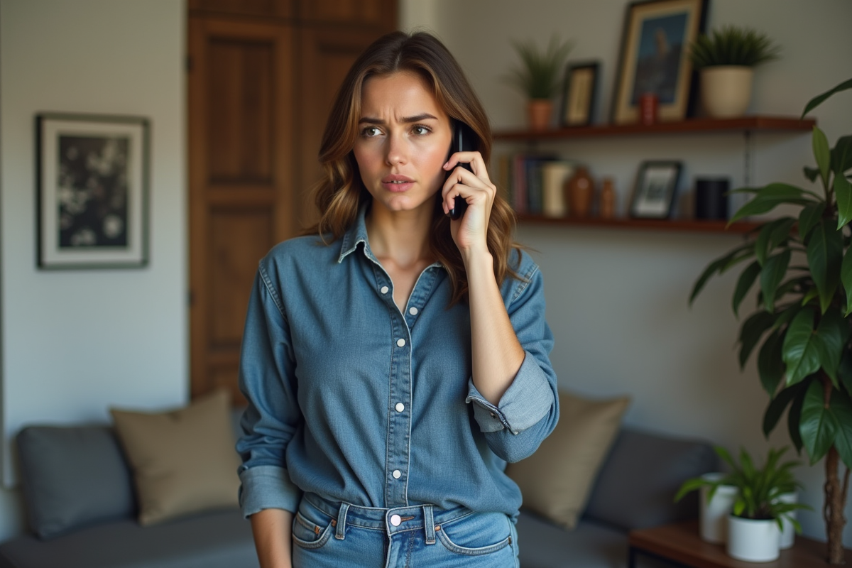 Femme au téléphone dans son appartement cosy