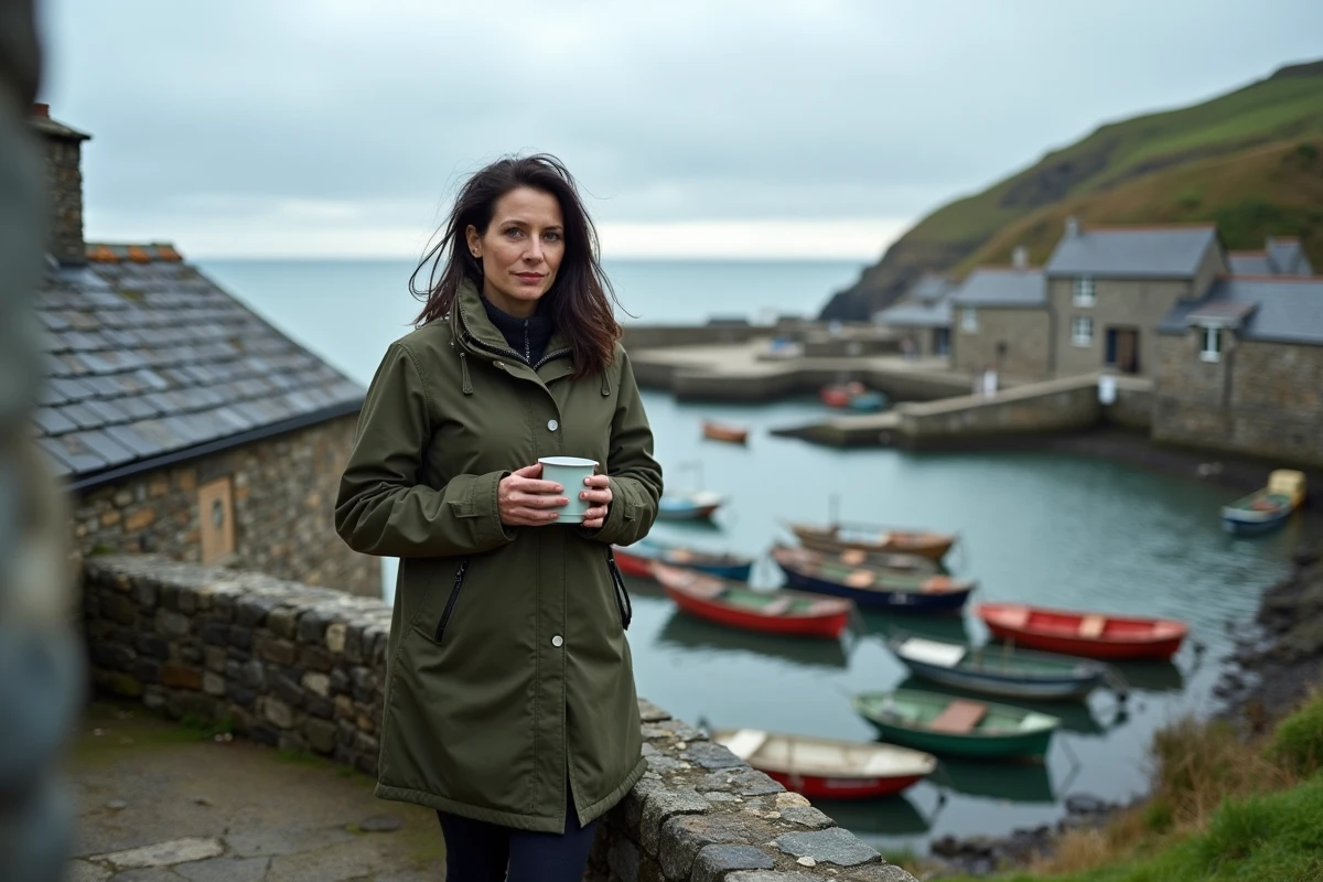 Femme contemplant le port breton depuis la terrasse d'une petite maison de pêcheur en pierre, avec bateaux colorés et village côtier en arrière-plan