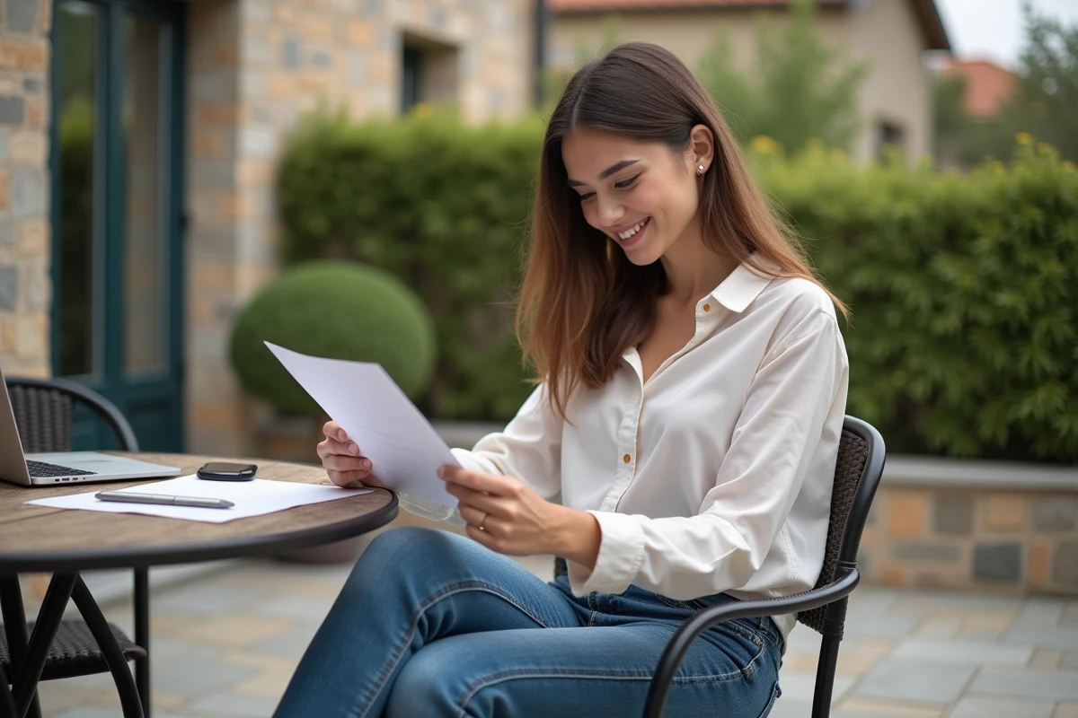 Jeune femme lisant des papiers sur une terrasse extérieure