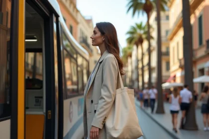 Femme descendant d'un tramway moderne dans une rue animée de Nice avec façades colorées et palmiers
