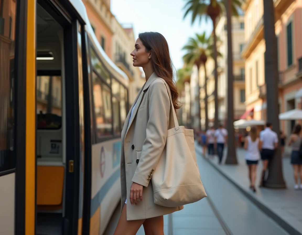 Femme descendant d'un tramway moderne dans une rue animée de Nice avec façades colorées et palmiers