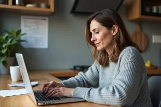 Femme concentrée utilisant un ordinateur pour remplir ses impôts