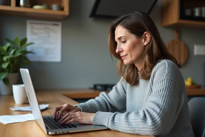 Femme concentrée utilisant un ordinateur pour remplir ses impôts