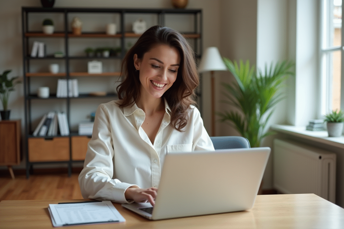 Femme confiante travaillant sur ses revenus locatifs