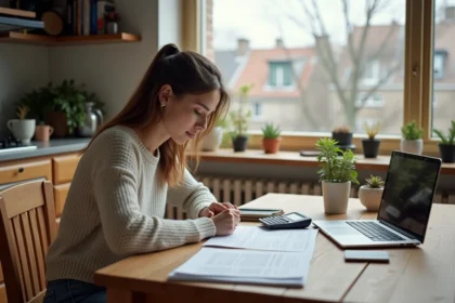 Jeune femme travaillant à la maison avec documents et ordinateur