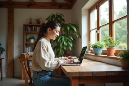 Femme travaillant sur son ordinateur dans une maison chaleureuse