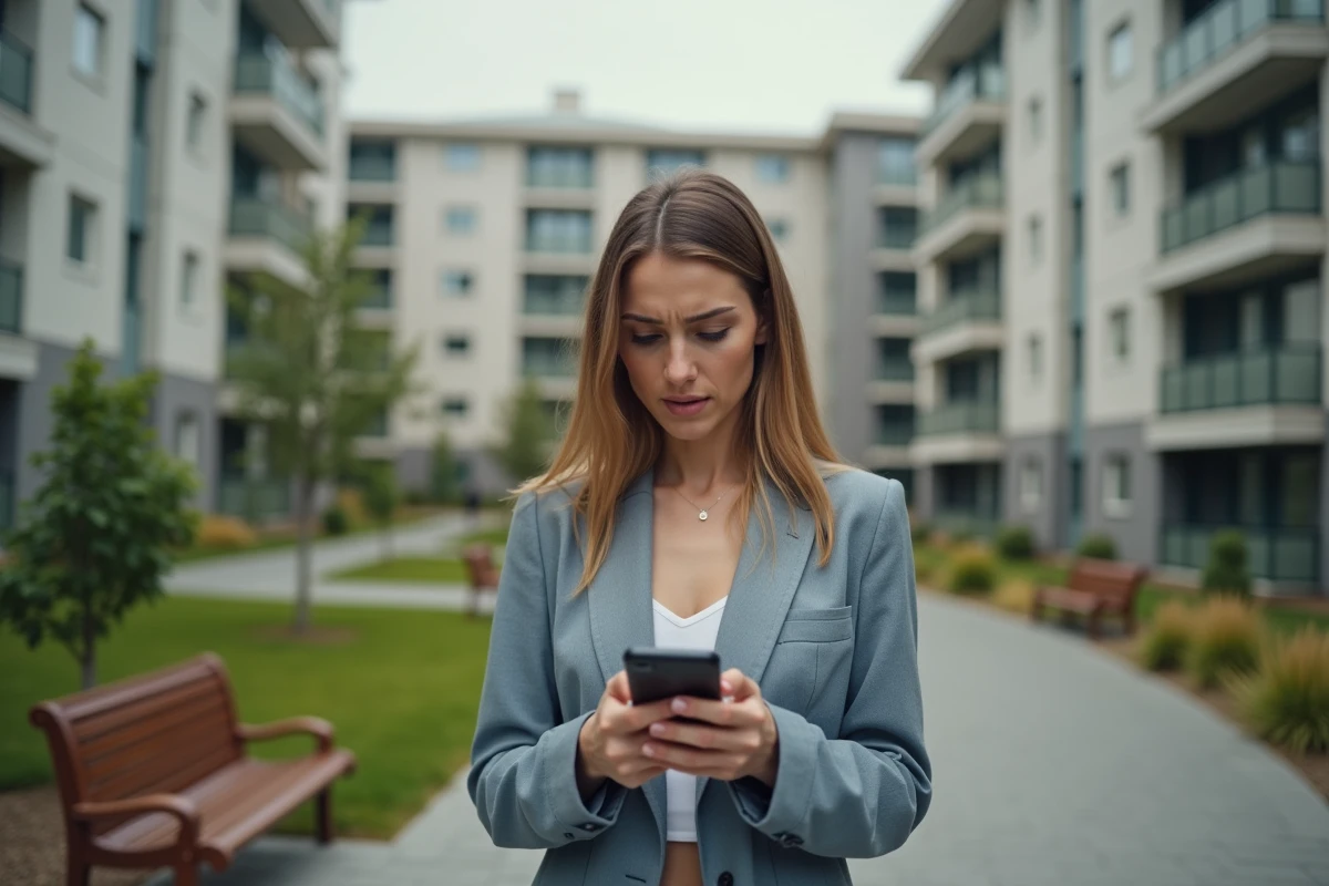 Jeune femme urbaine vérifiant son smartphone dans un quartier résidentiel