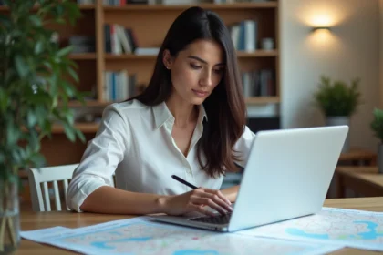 Femme travaillant sur le site Géoportail urbanisme à domicile