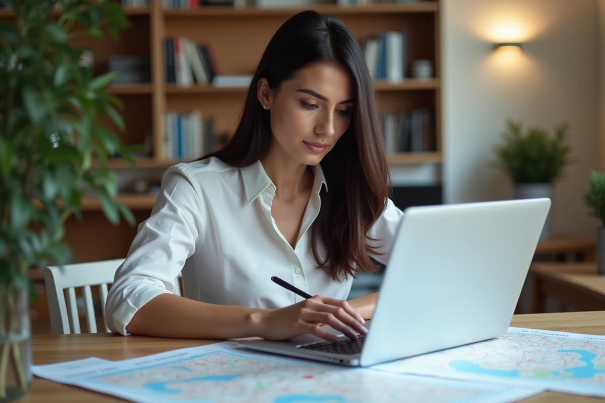 Femme travaillant sur le site Géoportail urbanisme à domicile