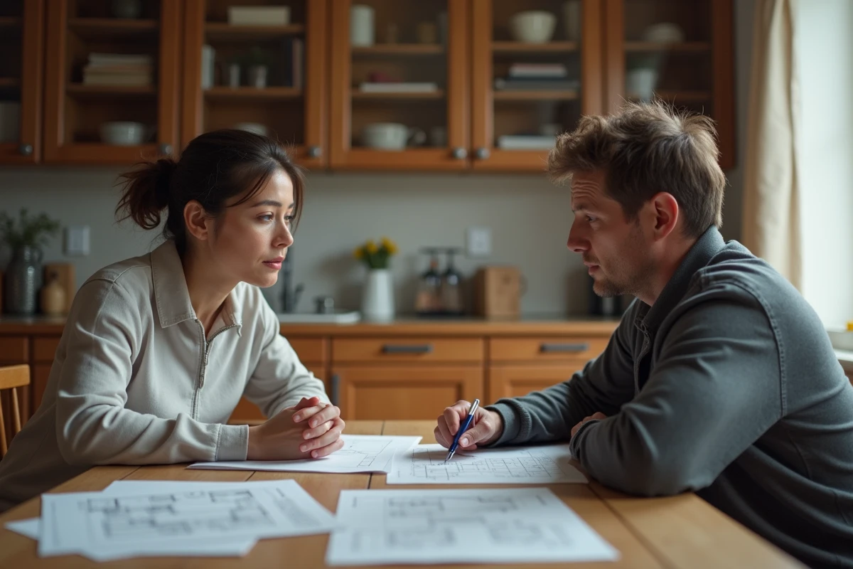 Frère et sœur assis face à face autour de documents immobiliers lors d'un désaccord sur une maison en indivision