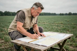 Géomètre expert consultant un plan cadastral sur le terrain pour mesurer une parcelle en ares et en mètres carrés