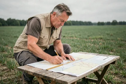 Géomètre expert consultant un plan cadastral sur le terrain pour mesurer une parcelle en ares et en mètres carrés