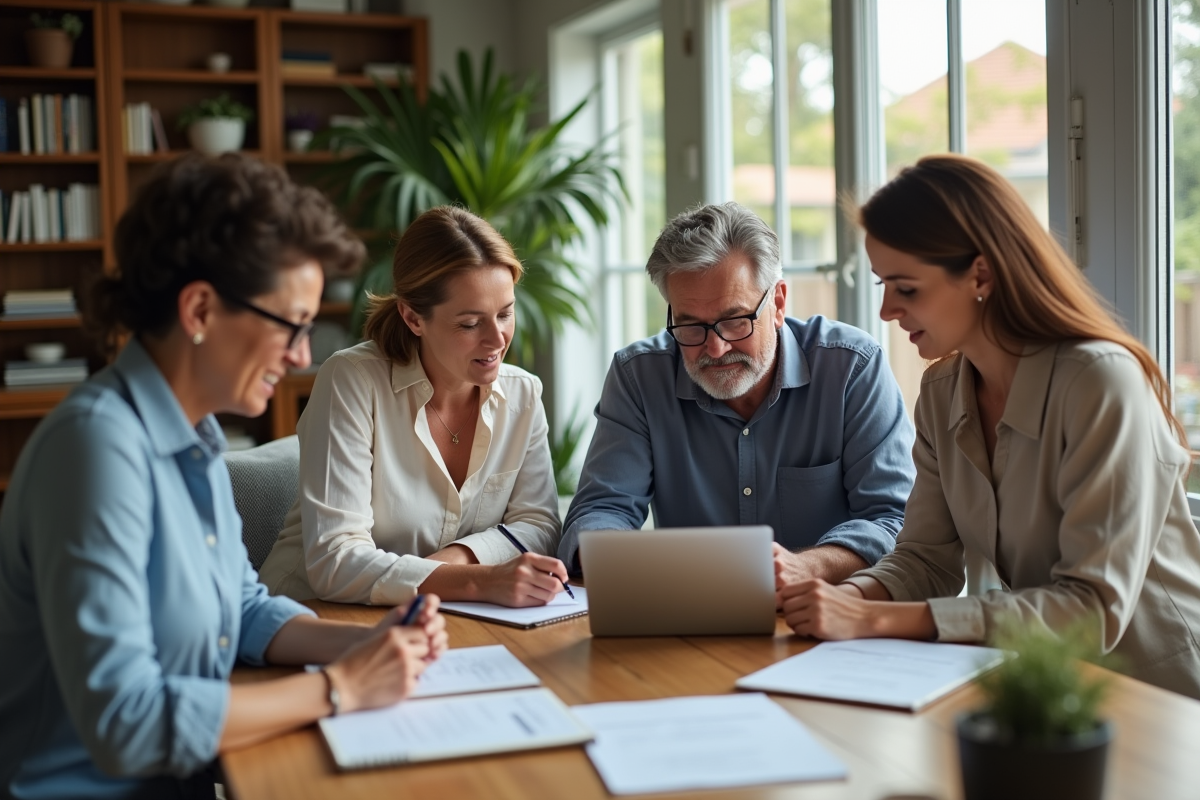 Groupe de quatre personnes en réunion de travail à la maison