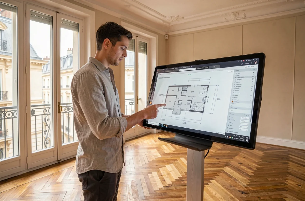 Un designer de hemea présentant un plan de rénovation intérieure dans un appartement bordelais