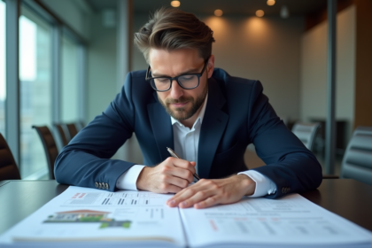 Homme d'affaires en costume regardant des documents immobiliers
