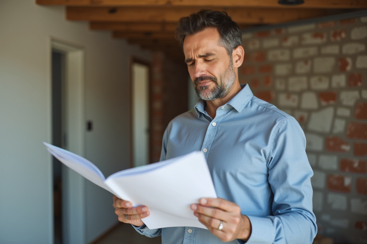Homme d affaires examinant des documents dans une maison en rénovation