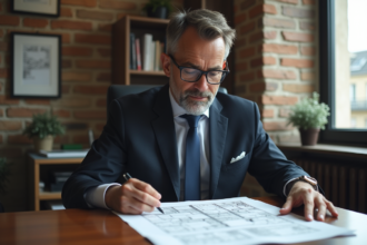 Homme d'affaires en costume examinant des plans architecturaux