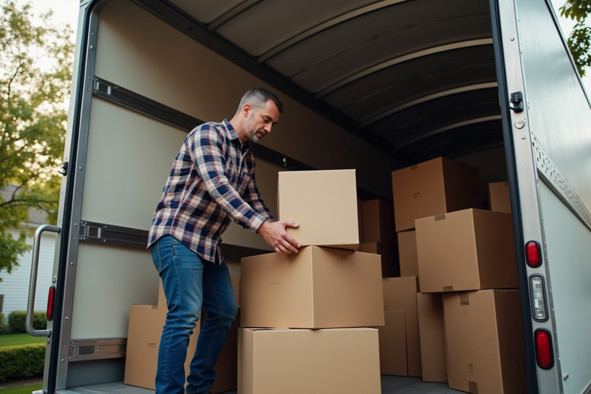 Homme empilant caisses dans un camion de déménagement extérieur