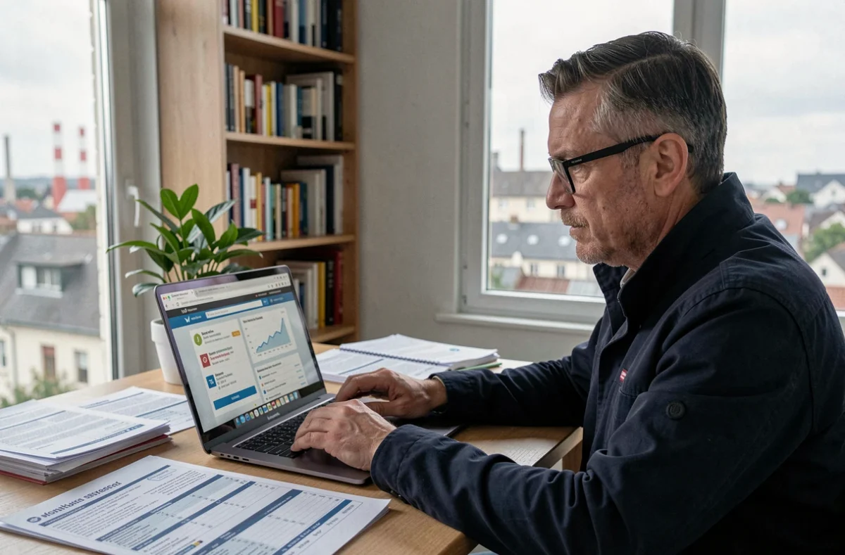 Homme comparant des offres d'assurance habitation sur ordinateur portable dans un appartement à Mulhouse