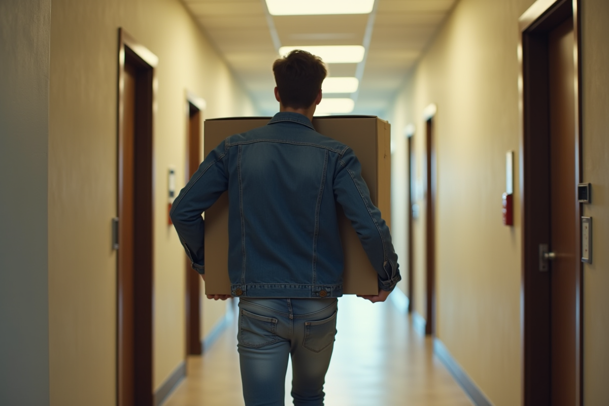Jeune homme portant une grande boîte dans un couloir d