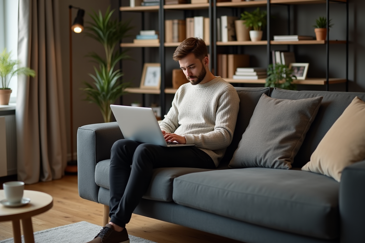 Jeune homme tapant un email de demission sur son ordinateur portable