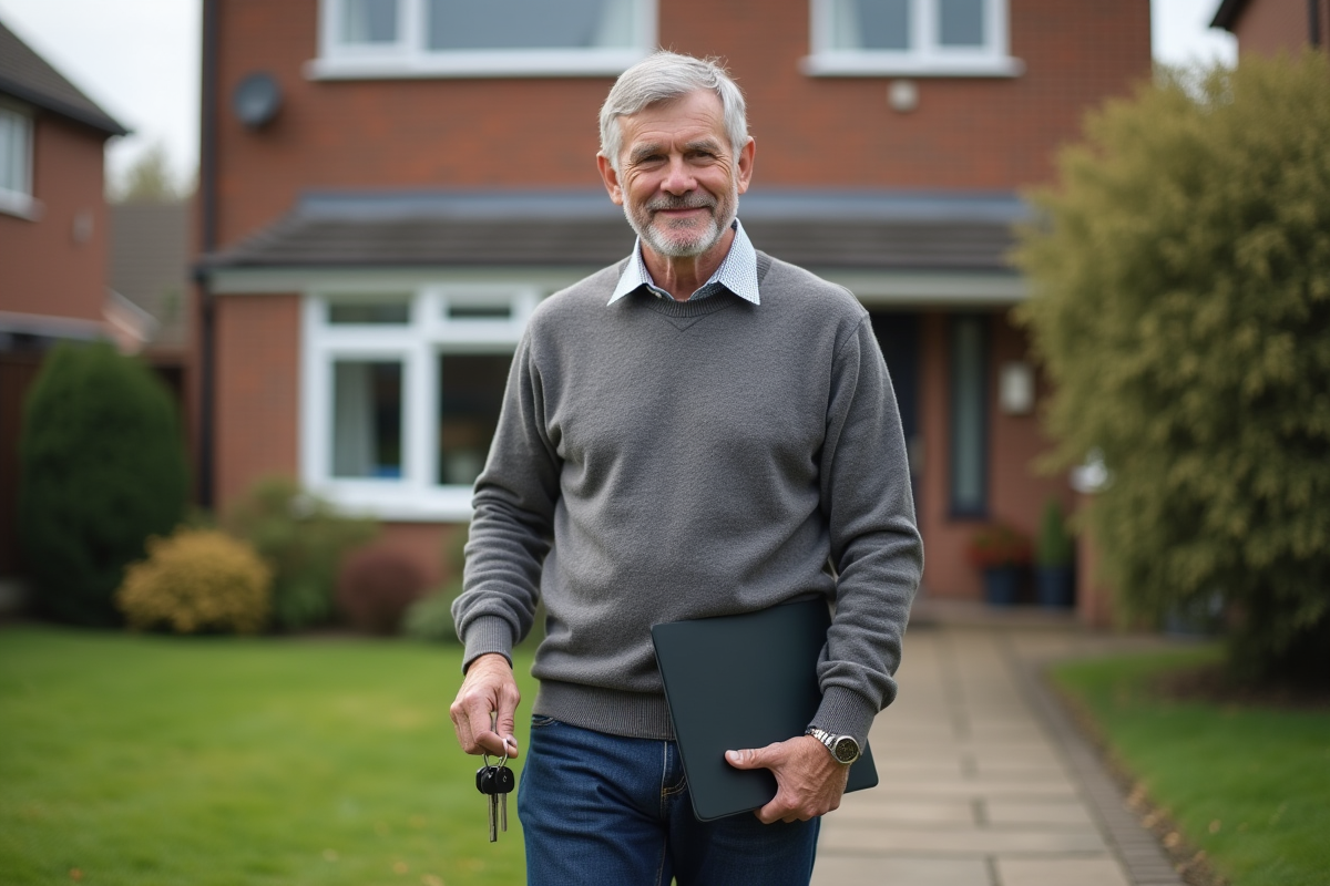 Homme âgé souriant devant sa maison avec clés et dossier