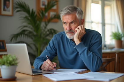 Homme d'âge moyen examinant des documents financiers à la maison