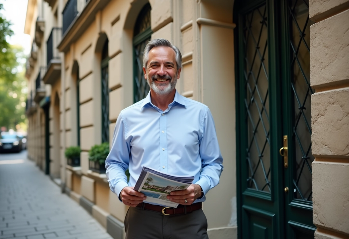 Homme avec brochures immobilières devant une maison lyonnaise