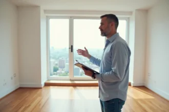 Homme propriétaire dans un appartement vide avec vue urbaine