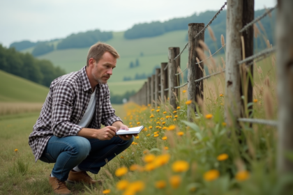 Homme d'âge moyen inspectant un champ rural non constructible