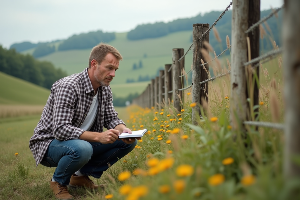 Homme d'âge moyen inspectant un champ rural non constructible