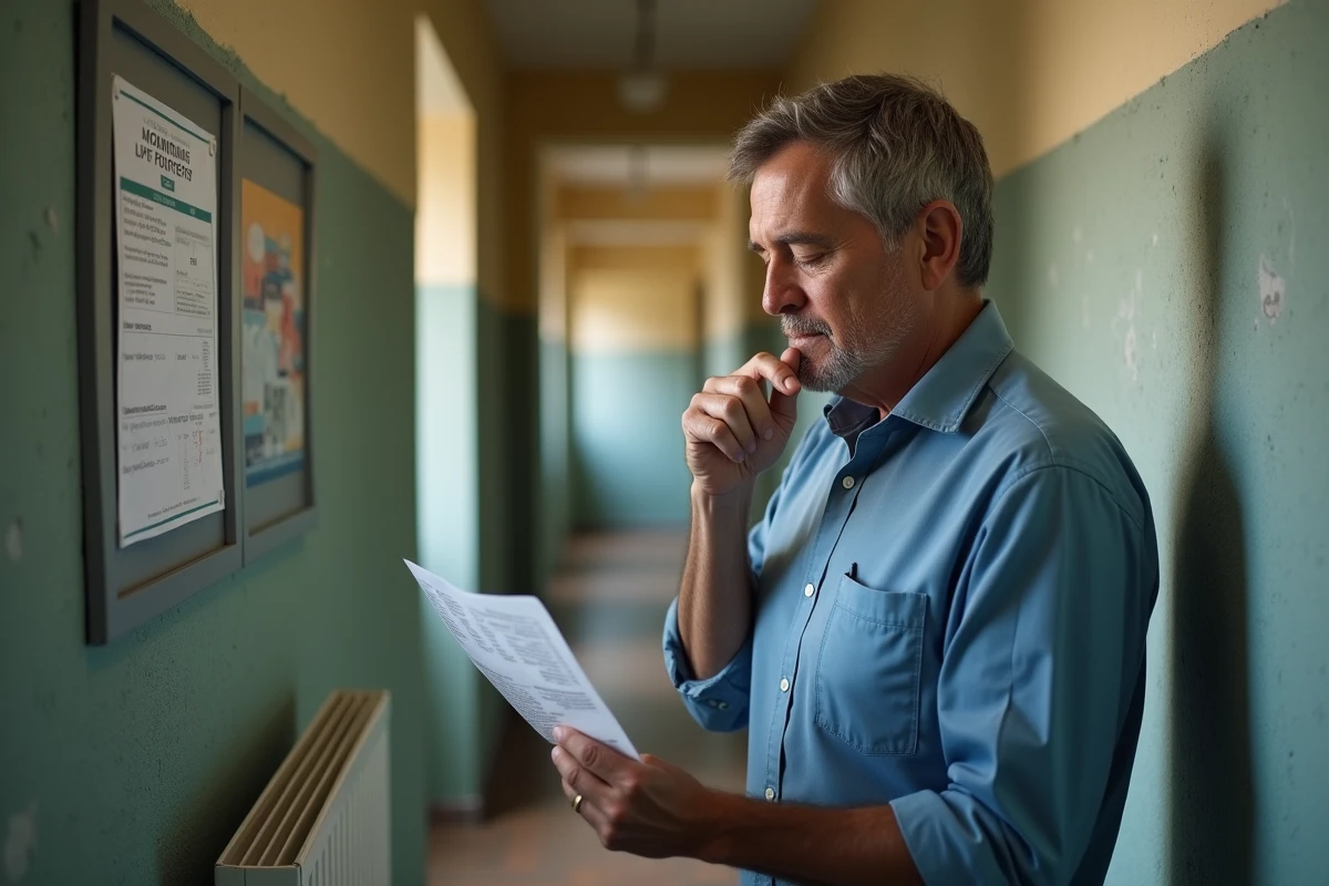 Homme lisant un décompte de charges dans le couloir