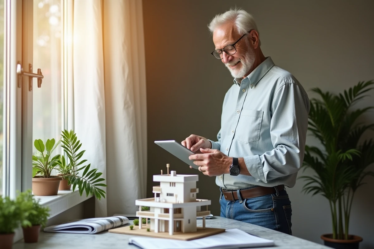 Homme examine des annonces immobilières sur tablette