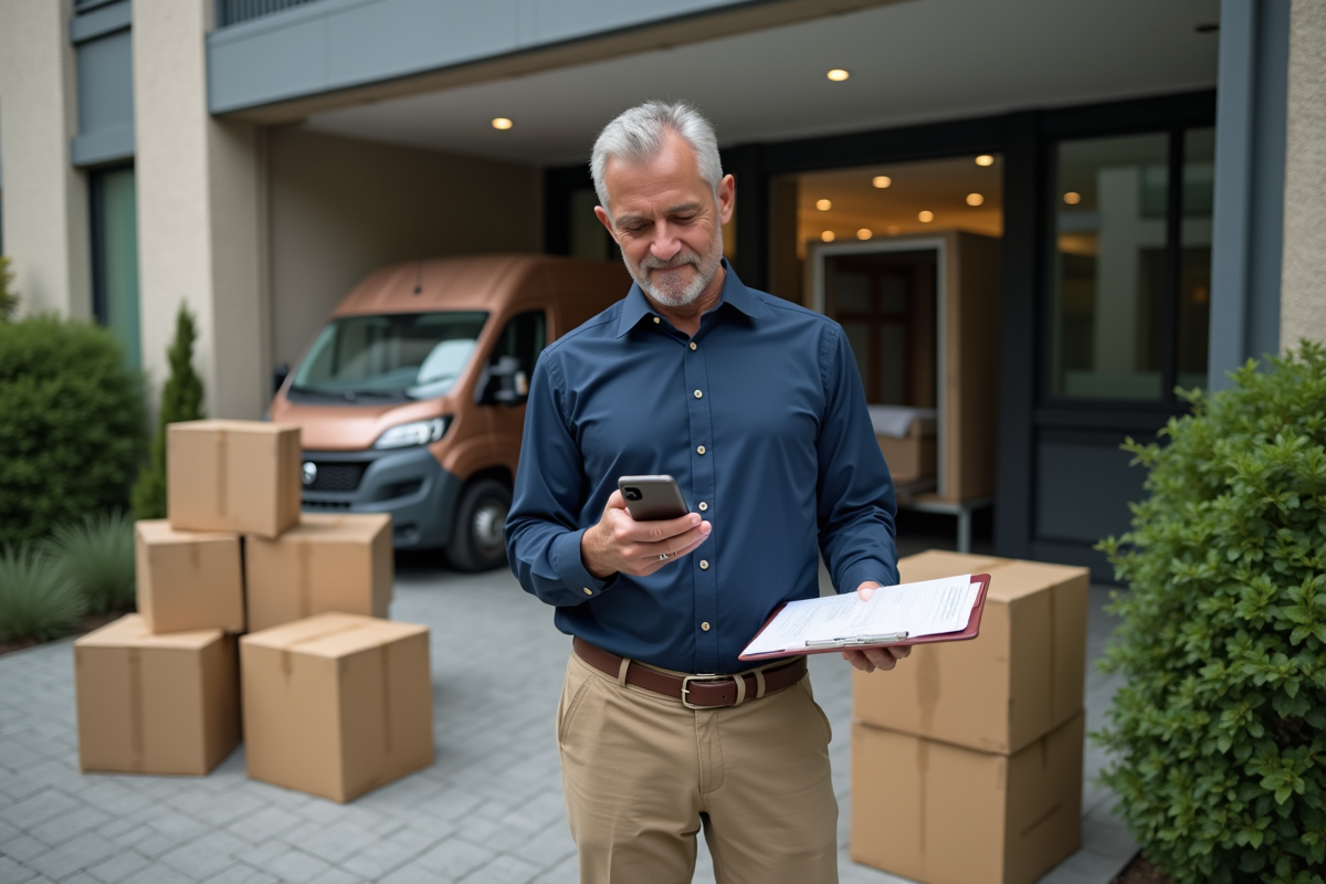 Homme vérifiant son téléphone devant un immeuble en movee