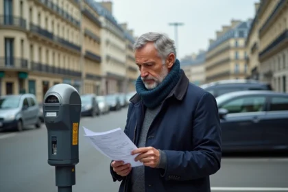 Homme d age moyen vérifiant un document de taxe dans une rue parisienne