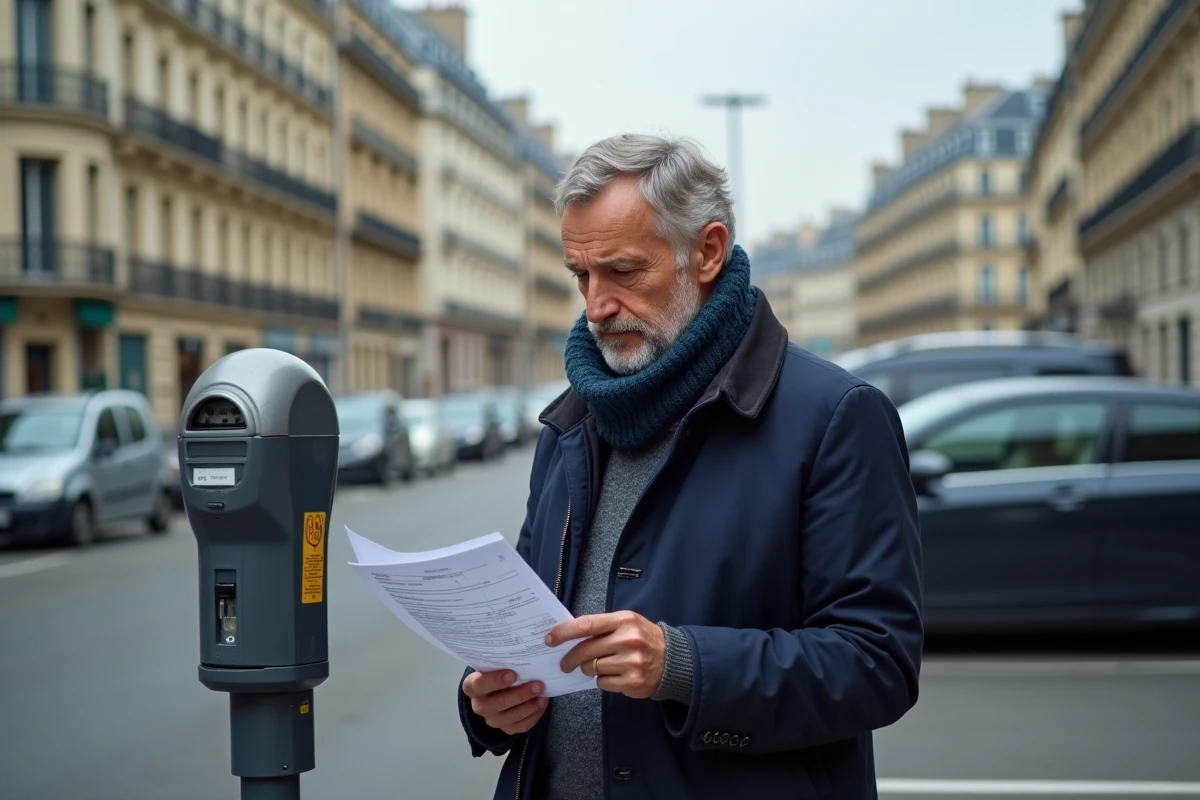 Homme d age moyen vérifiant un document de taxe dans une rue parisienne