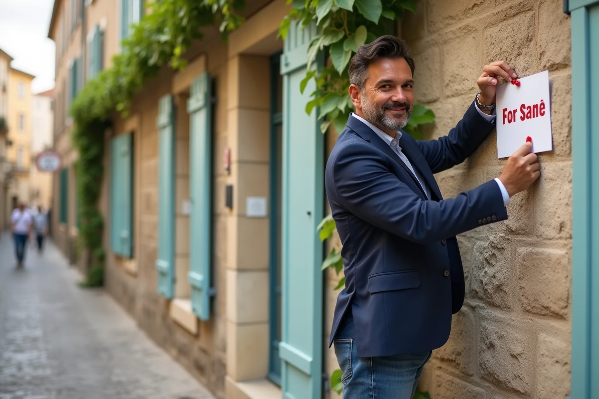 Homme posant un panneau 