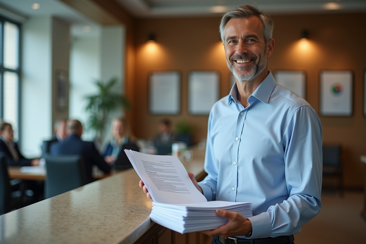 Homme confiant remettant des papiers à la reception d’un office notarial