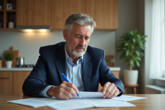 Homme d'âge moyen examine documents de location dans une cuisine moderne