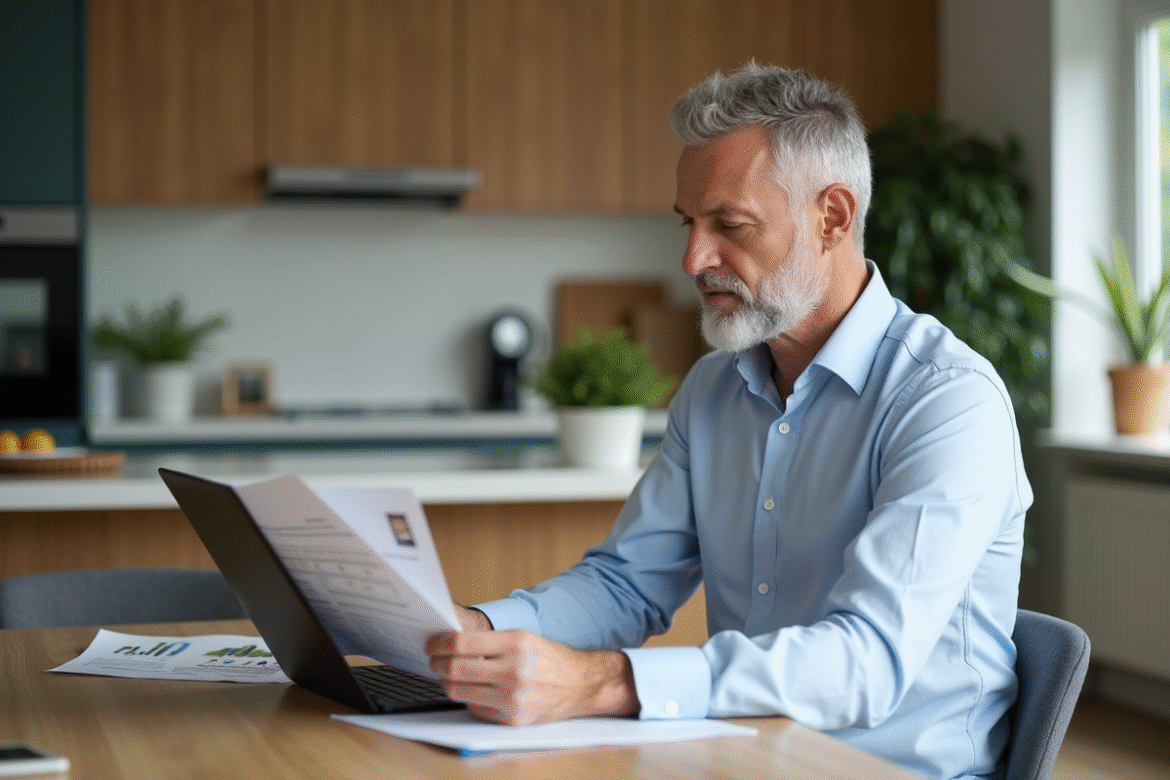 Homme d'âge moyen examine des documents immobiliers dans une cuisine moderne
