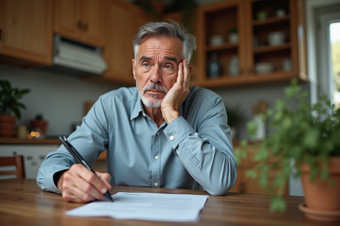 Homme d'âge moyen signant un document de location dans une cuisine